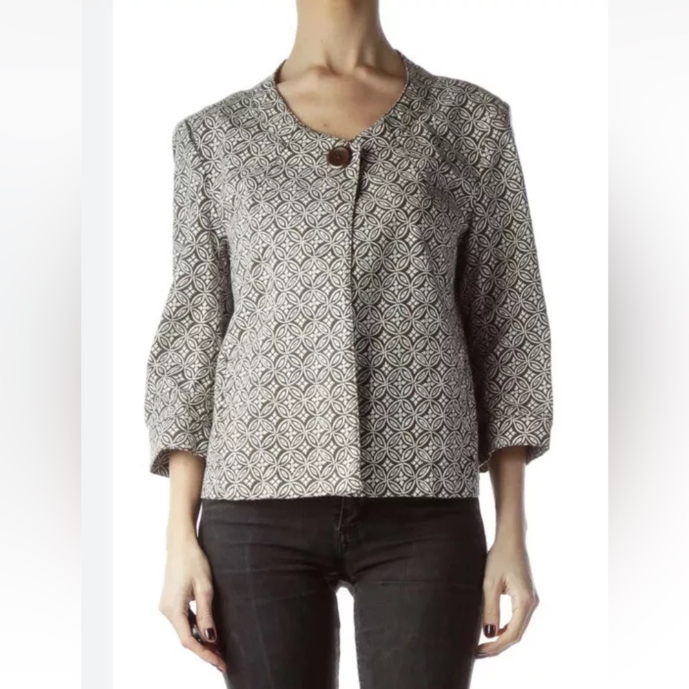 Talbots Cropped Brown Blazer Cotton Textured Jacket Size 16W abstract Prints